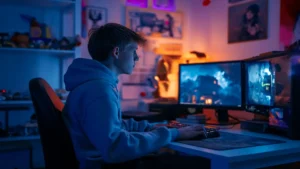 A guy focuses on his game screen practising Gamer Challenger